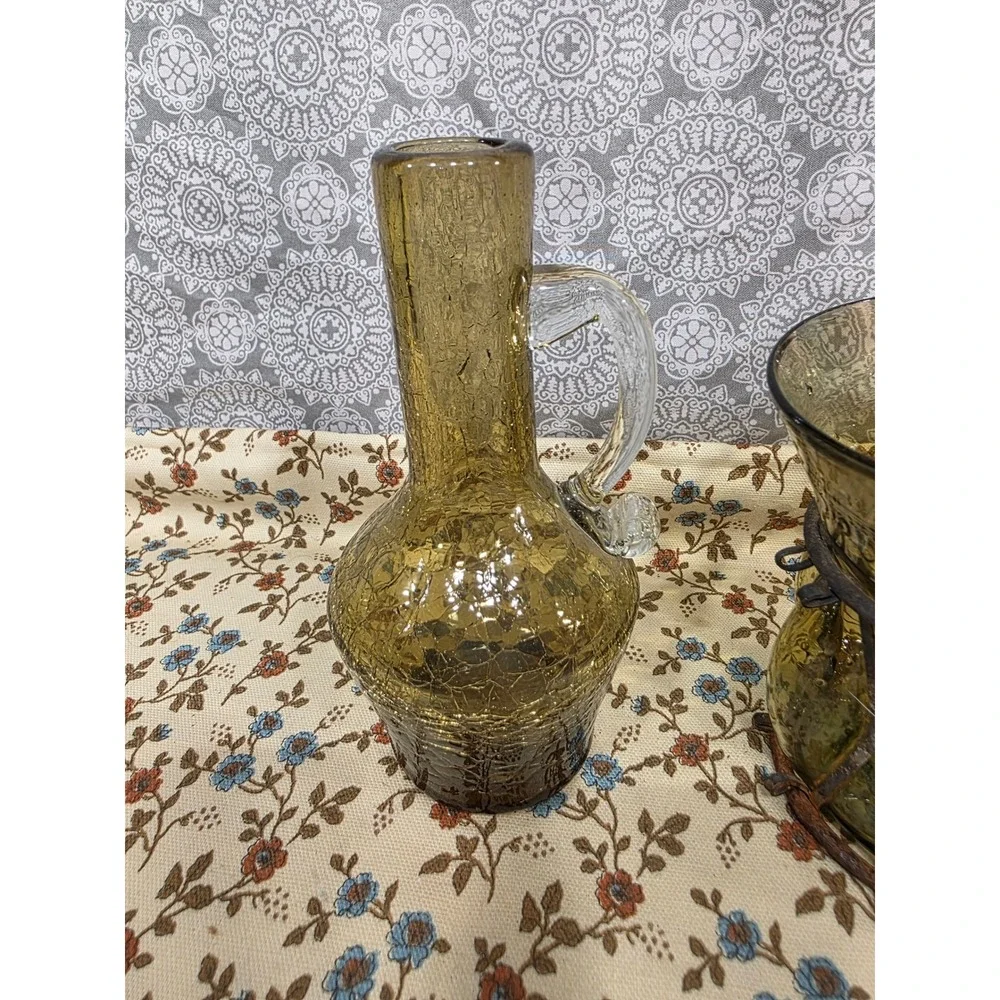 Vintage Crackle Glass Vases Olive Brown Pitcher with Caged‎ Glass Stand Boho Set